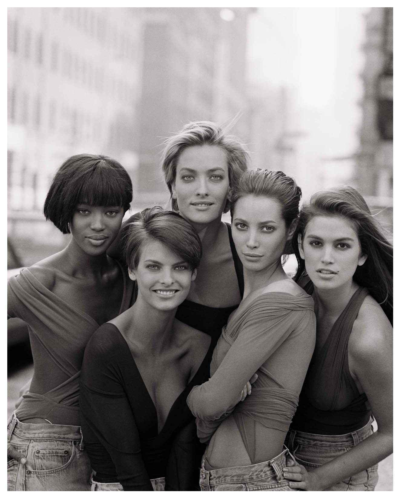 Naomi Campbell, Linda Evangelista, Tatjana Patitz, Christy Turlington, and Cindy Crawford (1990).jpg