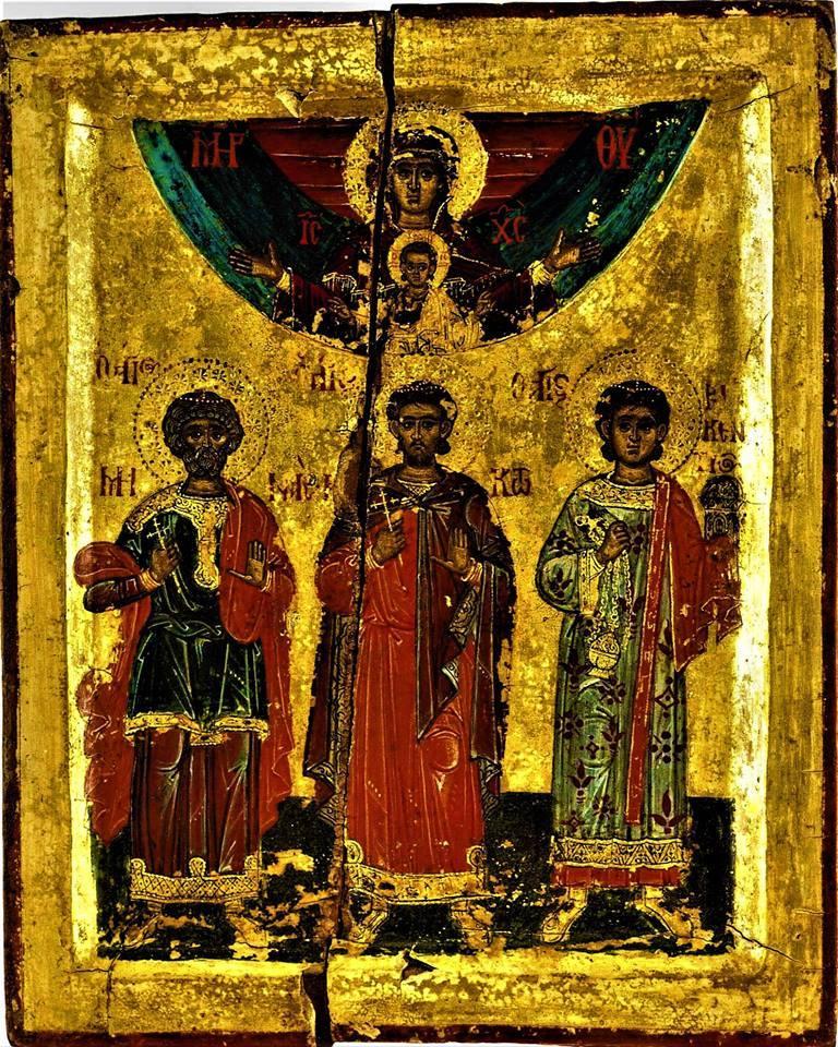 The icon of the Holy Martyrs Menas of Egypt, Victor at Damascus and Vincent of Spain, commemorated on November 11, early 17th century A.D..jpeg
