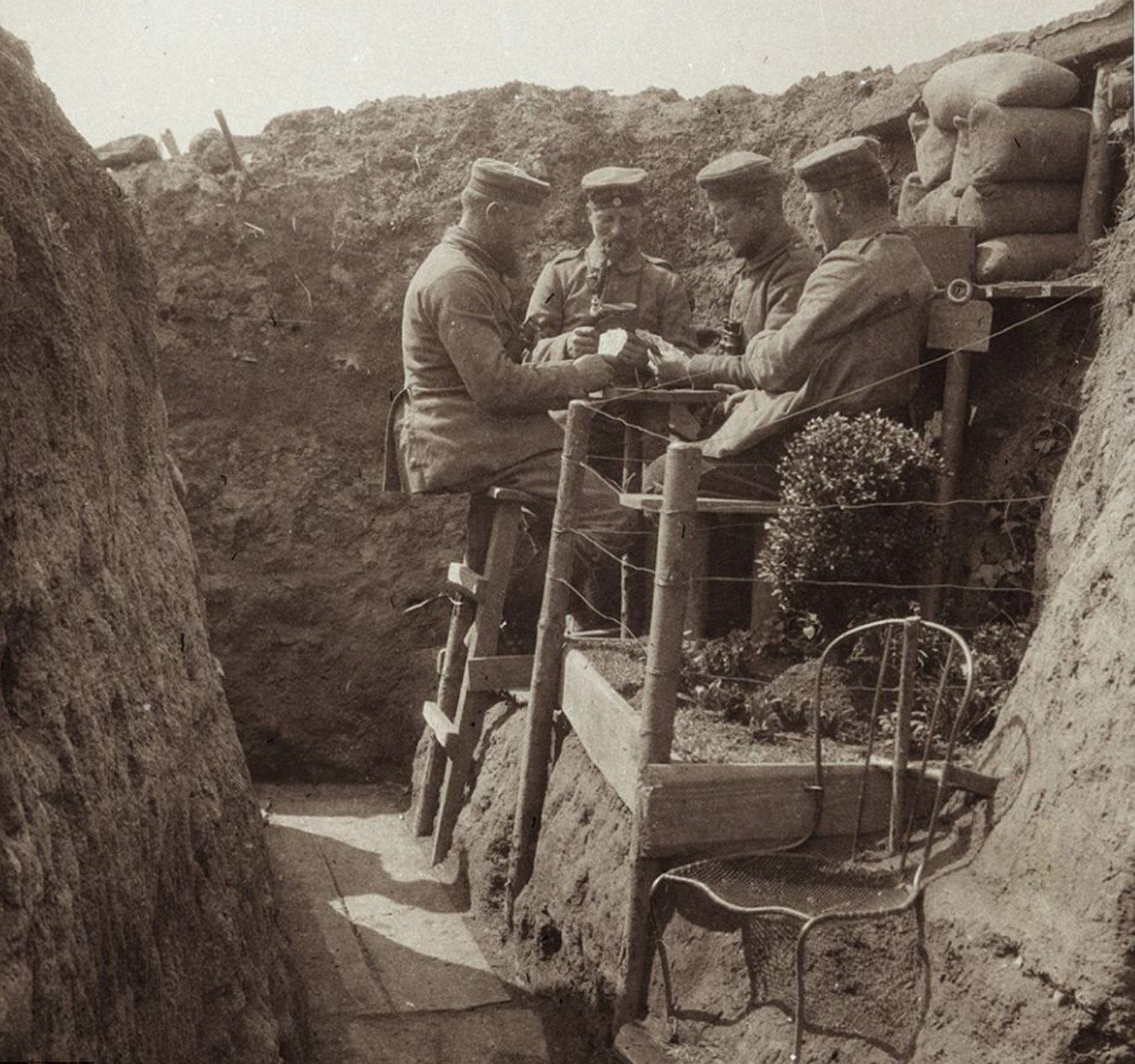 German soldiers playing cards in a trench during the Great War - 1910s.jpg
