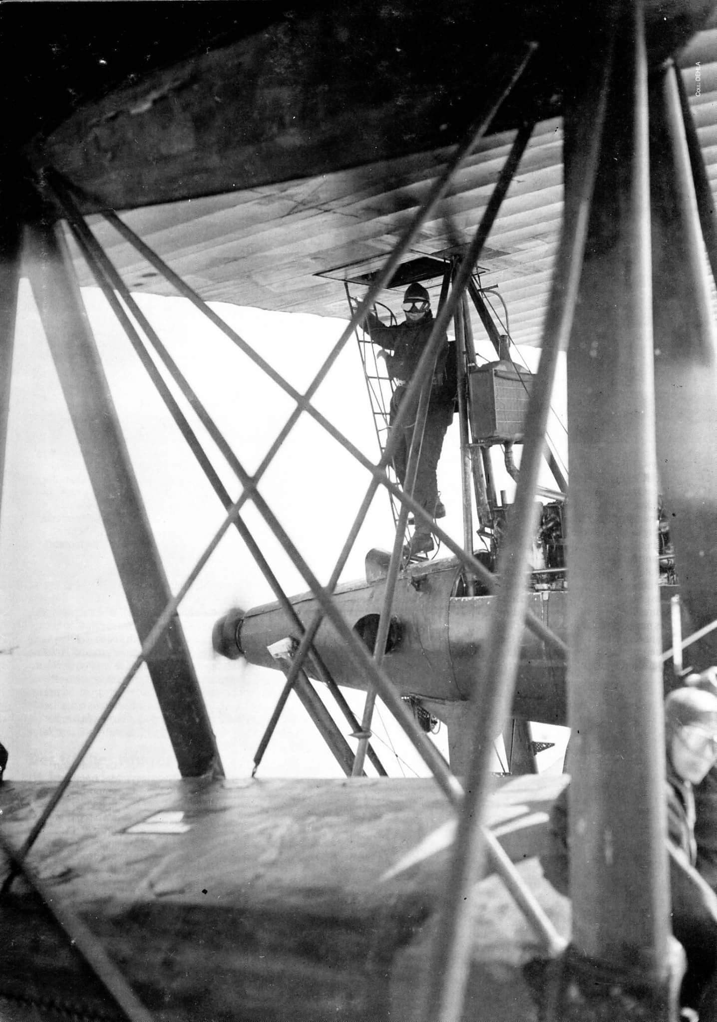 Zeppelin-Staaken R.VI crewman in flight, mere feet from a propeller. 1918.jpg
