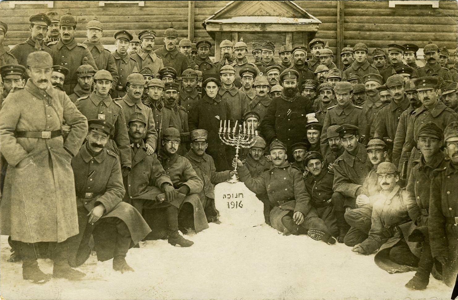 German Jewish soldiers celebrate the 7th night of Hanukkah on the Eastern Front, Russia - 1916.jpg