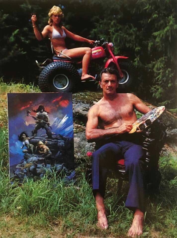 Frank Frazetta showing off his Fire and Ice poster art, 1983.jpg