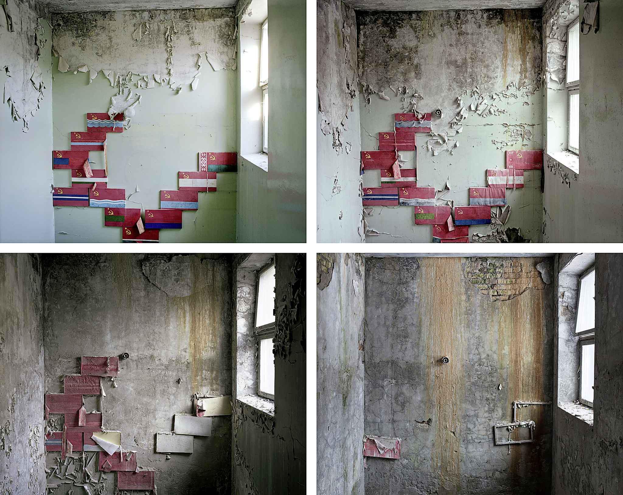 Flags of the Soviet Republics hanging on the wall of a kindergarden in Pripyat. Photographed by David McMillan in 1994, 1998, 2009 and 2018.jpg