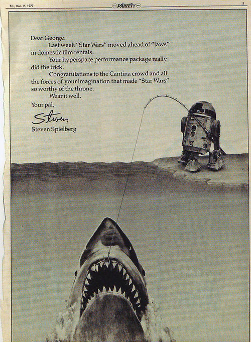 A letter from Spielberg congratulating Lucas when Star Wars passed Jaws in box office revenue (1977).jpg