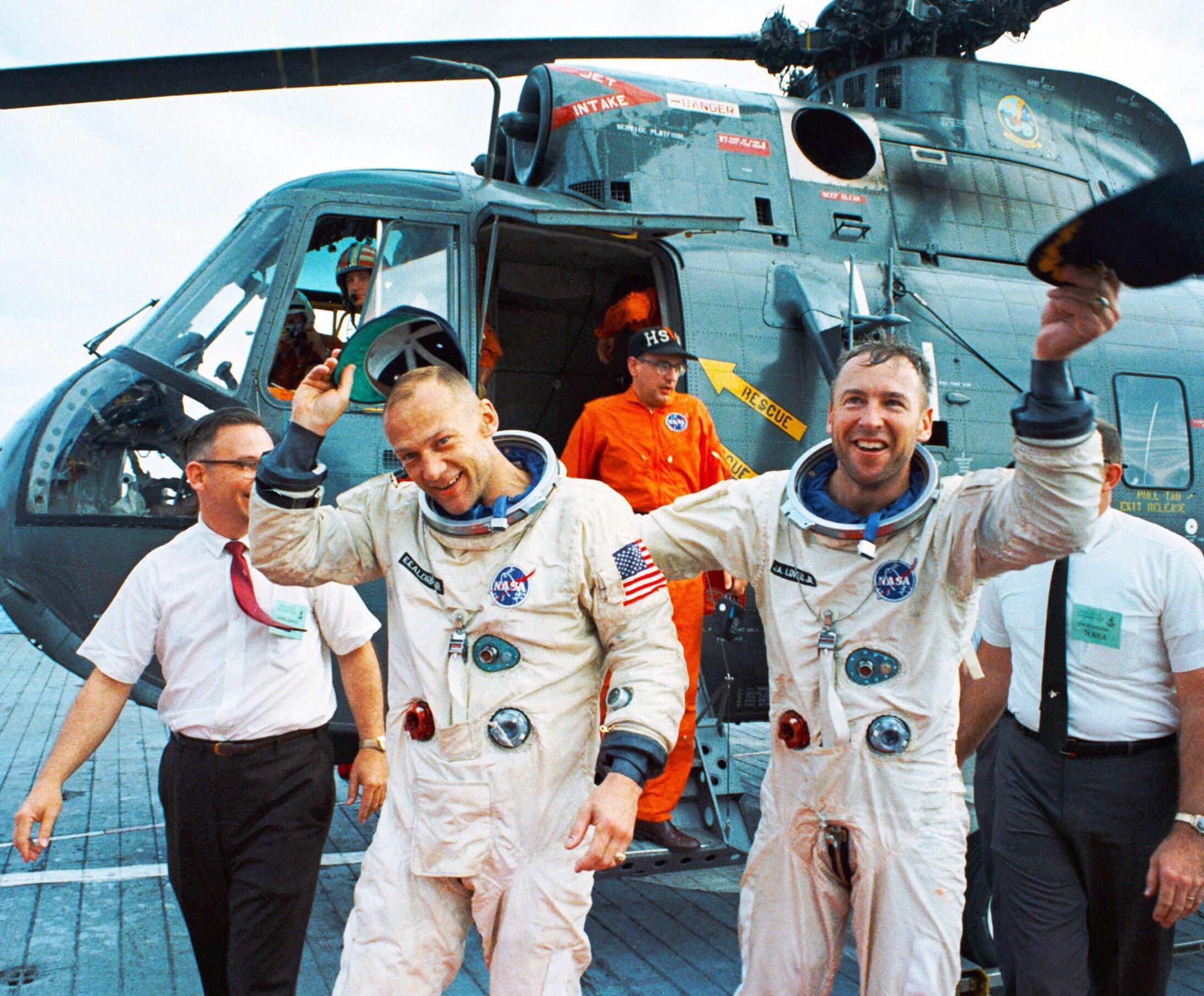Astronauts Buzz Aldrin and Jim Lovell after their Gemini 12 mission. (1966).jpg
