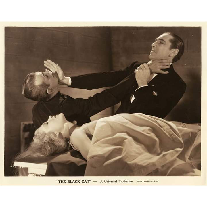 Boris Karloff and Bela Lugosi tangle while Kaaren Verne lies on the slab in The Black Cat. (1934).jpg