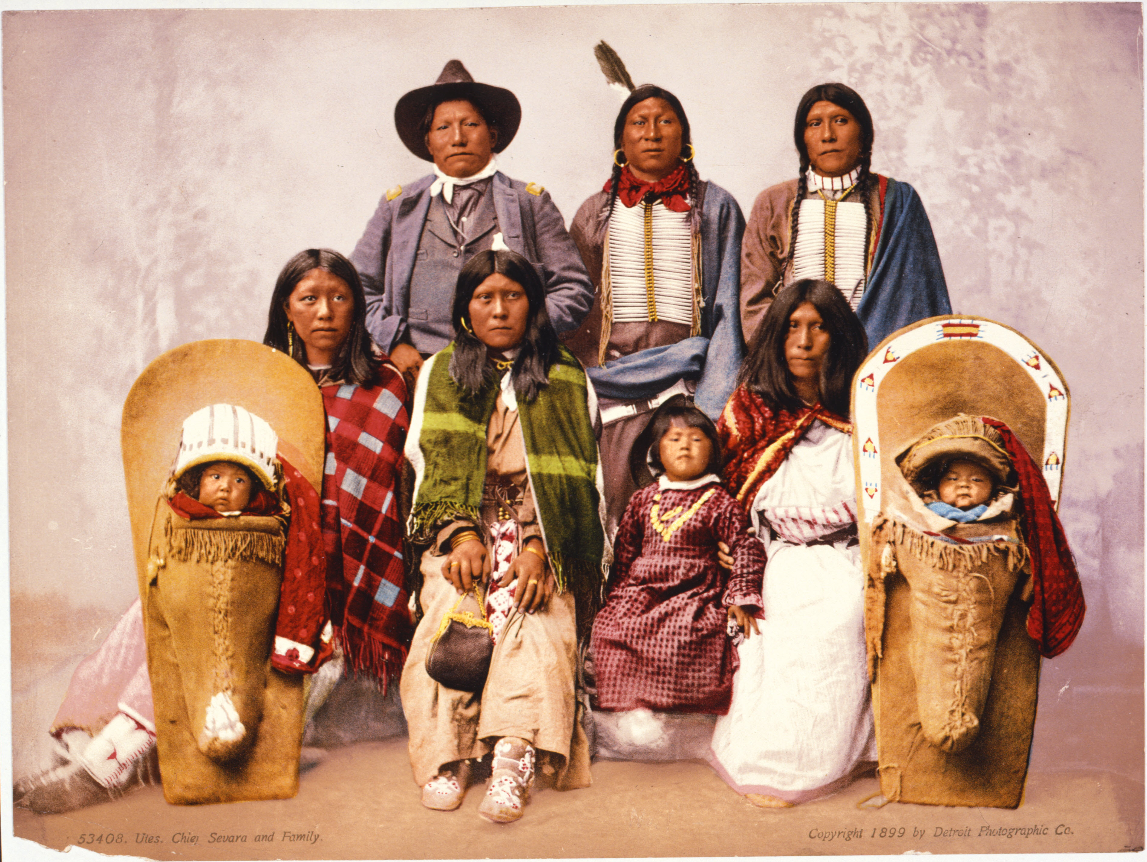 Utes Chief Sevaro in military uniform with family, colorized in 1899.jpg