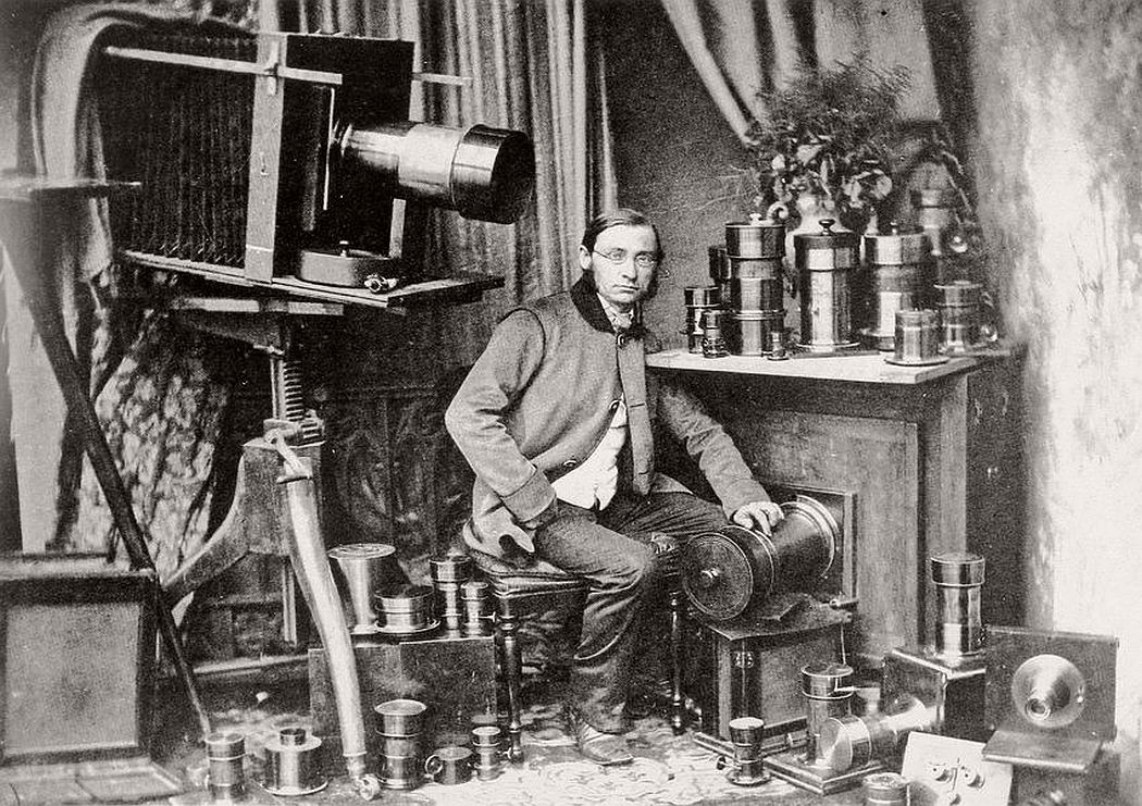 Hermann Krone, a photographer from Saxony, Germany...Self-portrait with camera equipment, circa 1858.jpg