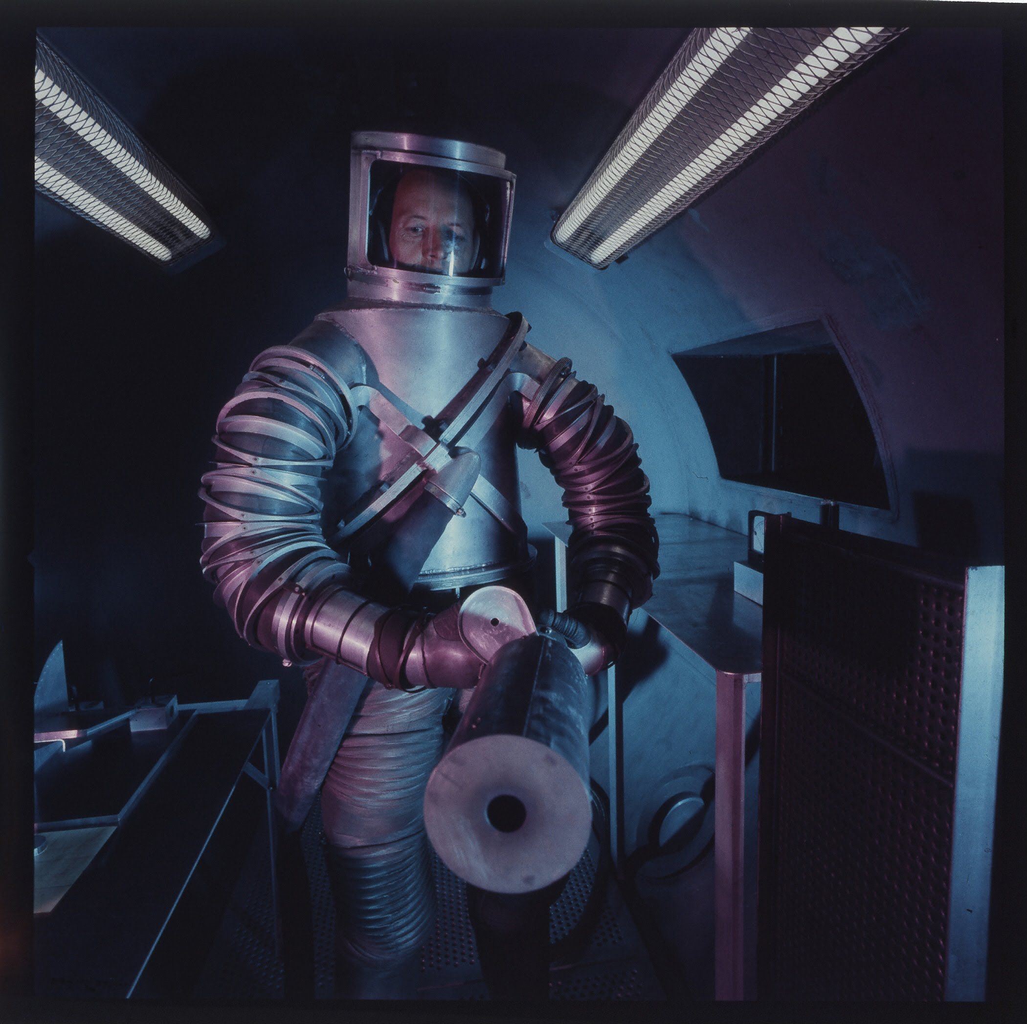 Dr. Siegfried Hansen, space suit pioneer, in the 'moon room', Beverly Hills, California, 1957.jpg