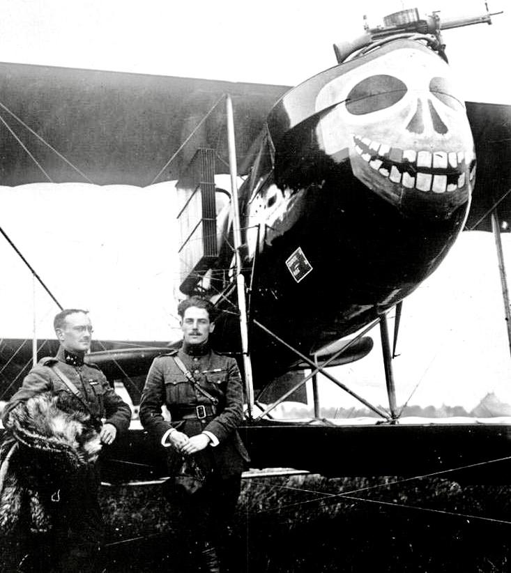 Belgian flying ace Fernand Jacques with his “Death’s Head” Farman 40 plane, 1916.jpg