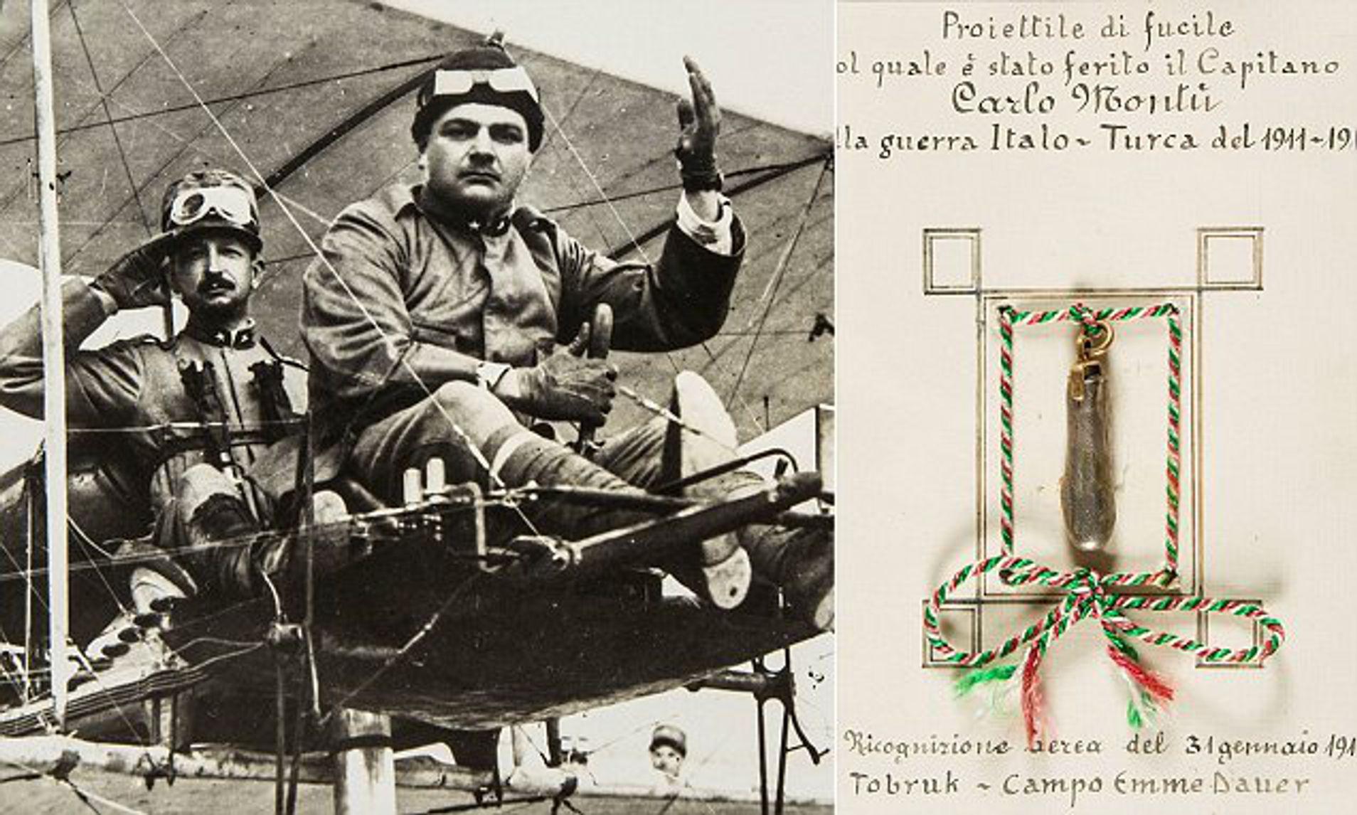 Captain Carlo Montu (front), the first pilot ever to be wounded in combat, he was shot and wounded near Tobruk, Libya during the Italian-Turkish War in 1912.jpg