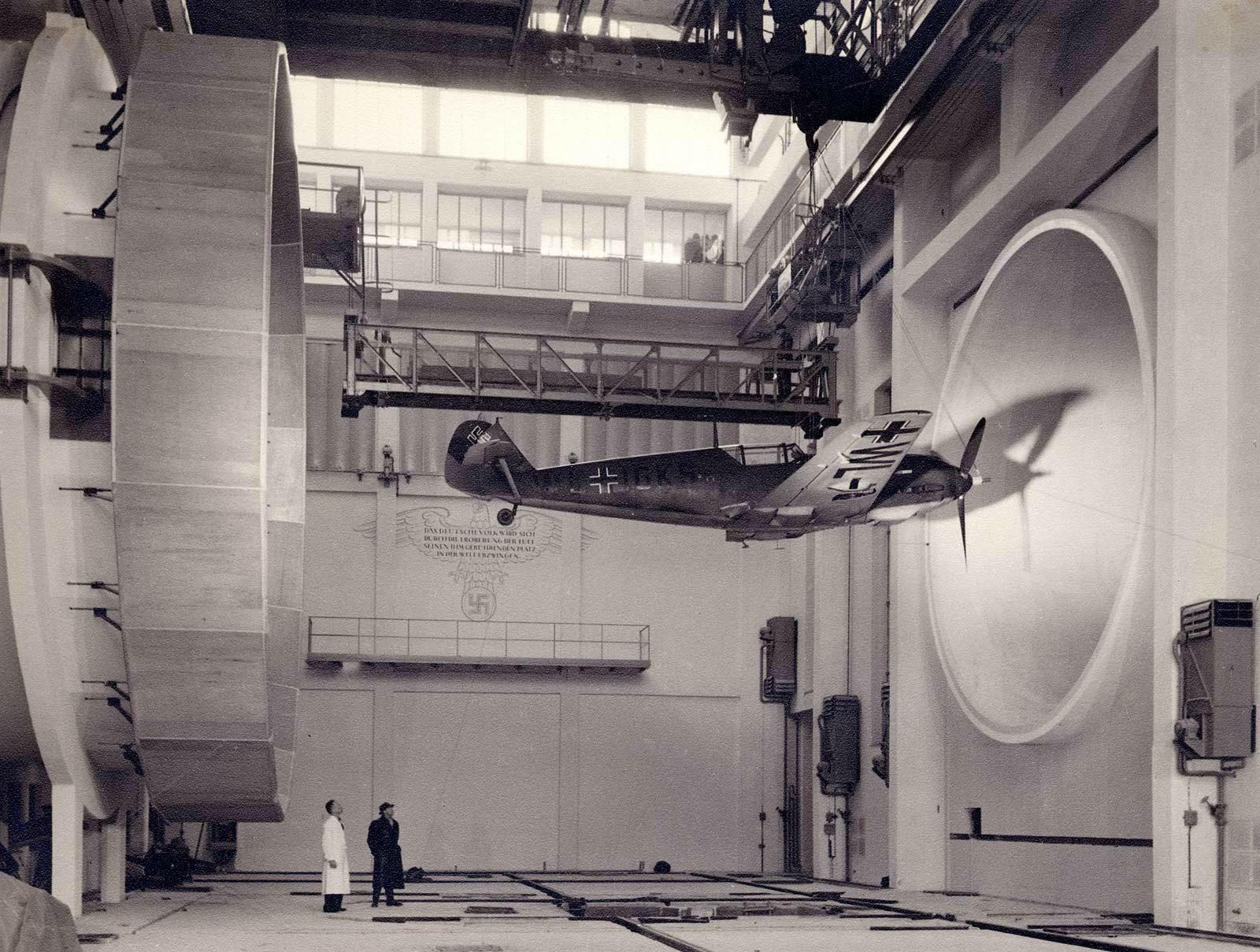 Germans performing wind tunnel testing on a Messerschmitt Bf 109 E3, 1940.jpg