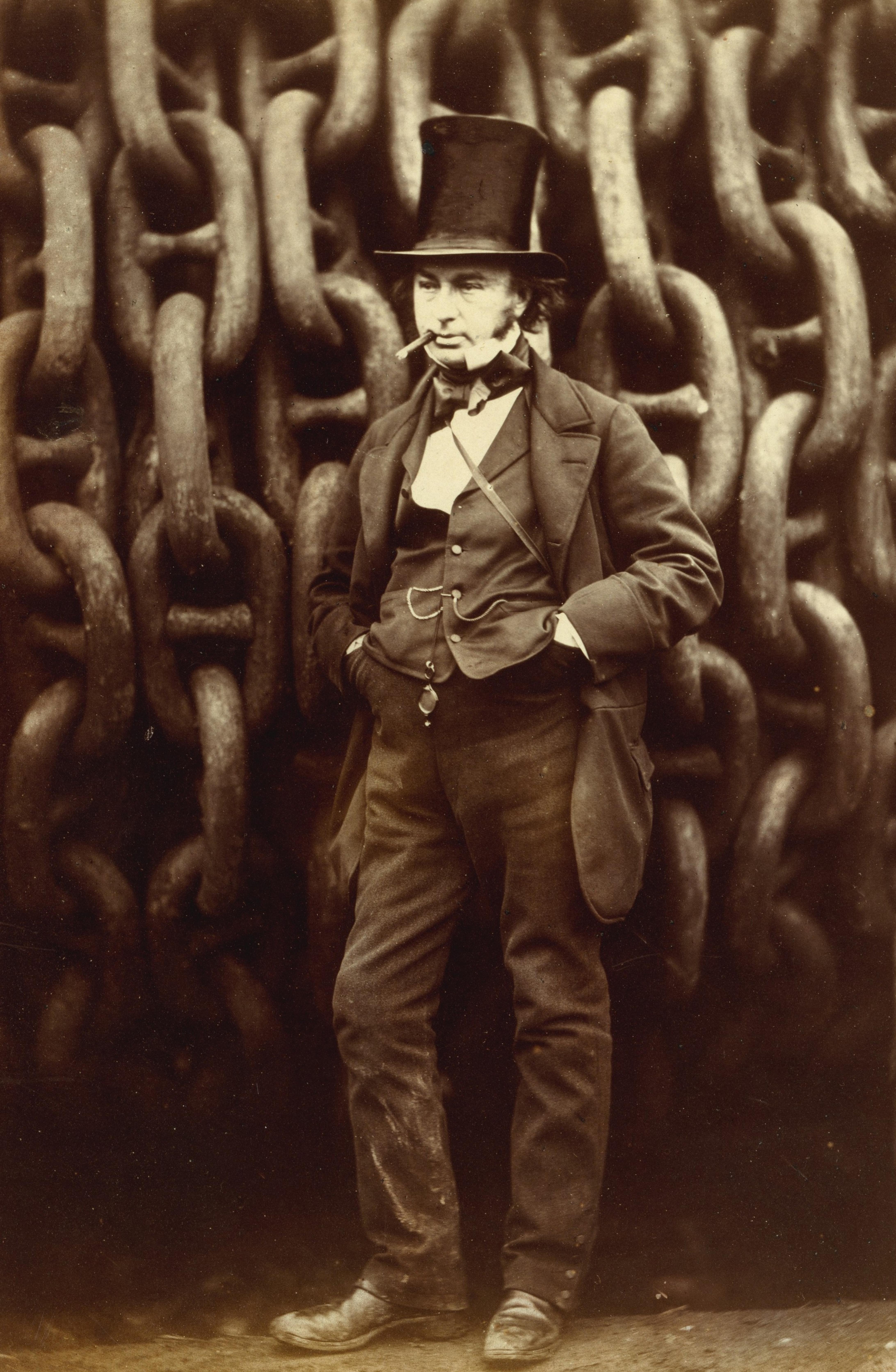 Isambard Kingdom Brunel (1806 - 1859) in front of the launching chains of his steamship SS Great Eastern (1857).jpg