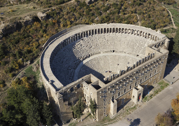 The Aspendos Theatre in the Antalya province, Turkey. Built in the 2nd century, is still used for open air performances & film screenings.png