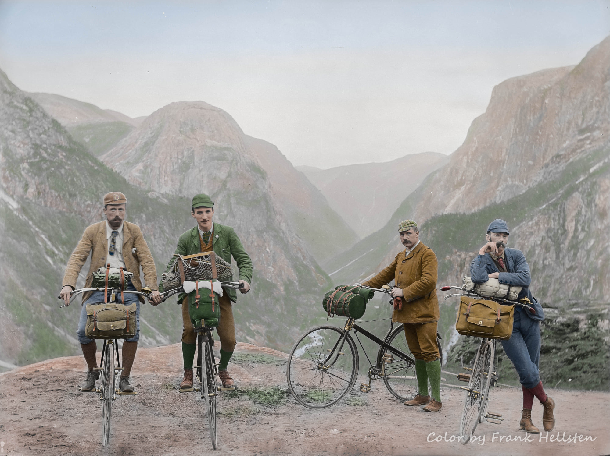 Four Norwegian bikers at Nærødalen 1880s.jpg