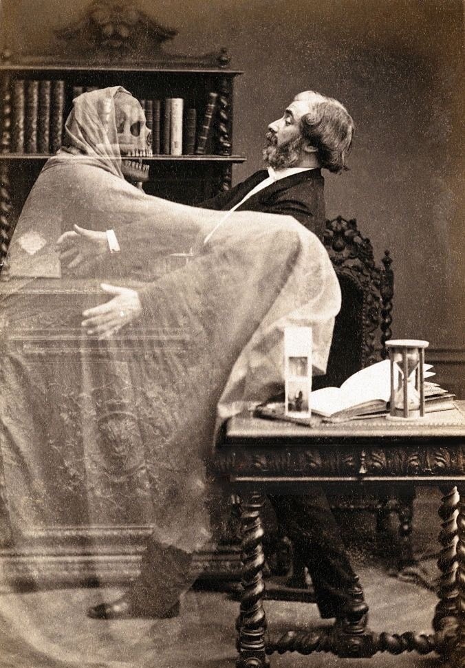 French illusionist Henri Robin gets an unwelcome guest. Photo by Eugène Thiébault, 1863.jpg