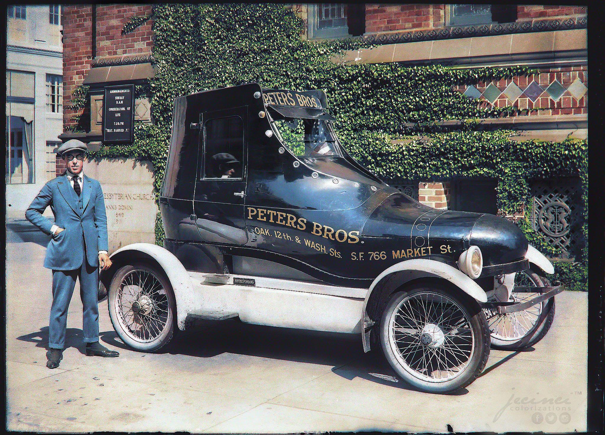 Shoe Repair promotional car in front of a Presbyterian church, San Francisco, 1922.jpg