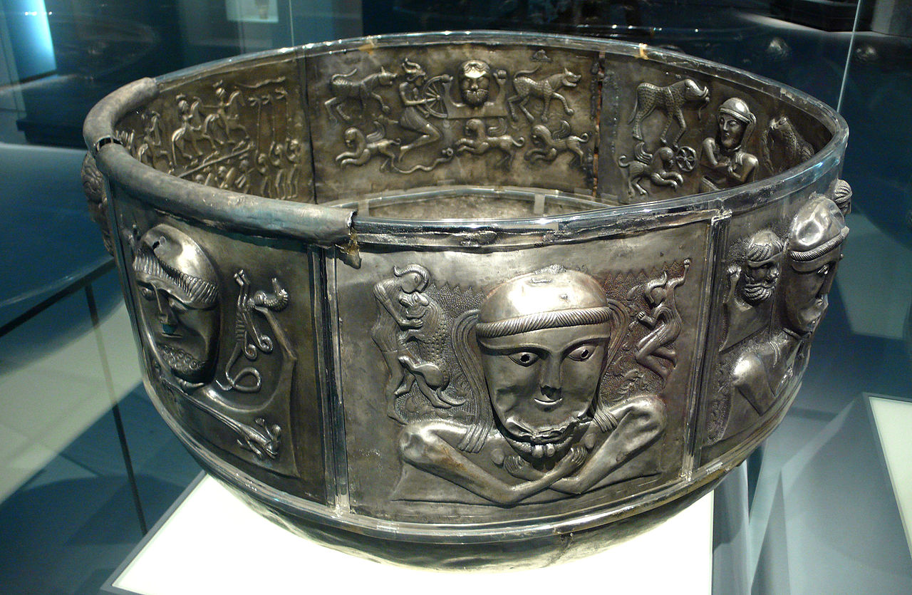 The silver Gundestrup Cauldron (Denmark, c. 150 BC), with gold and glass inlays, decorated with Celtic imagery as well as traits which are Gaulish and Thracian.jpg
