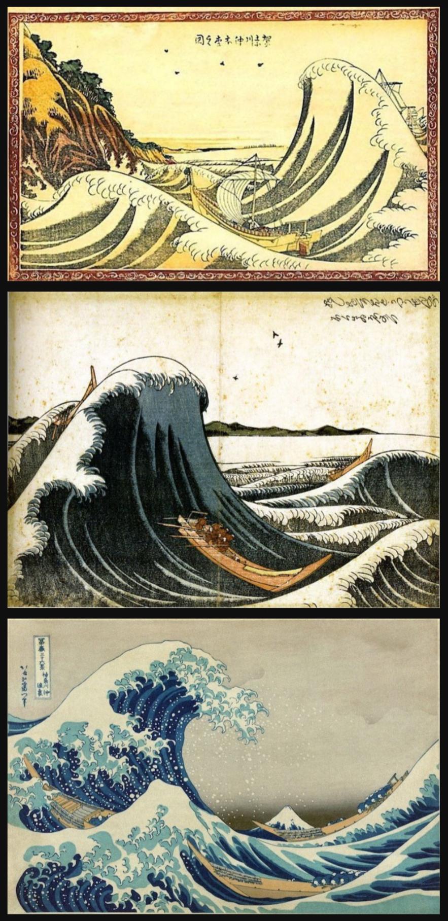 Waves by ukiyoe master Hokusai at 44, 46, and 72 years of age, respectively.jpg