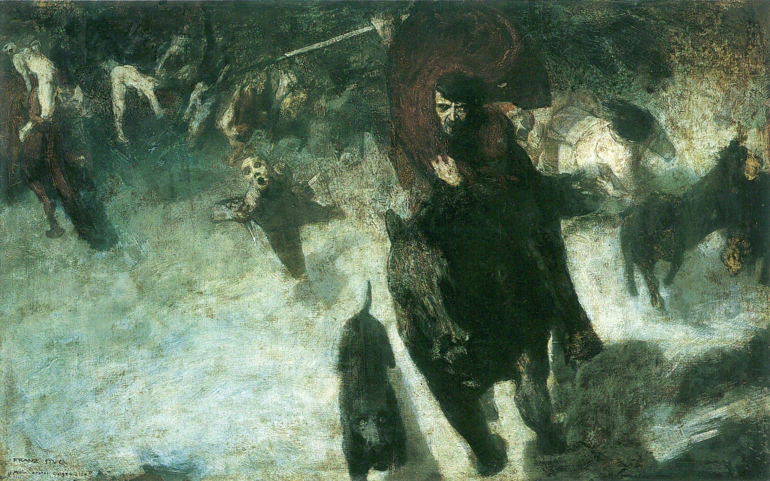 The Wild Chase (1889) by Franz Stuck. This painting depicts the Germanic God Wotan (Odin) leading the dead. It caught the attention of 13 year old Adolf Hitler who after ascending to power had it in his personal gallery.jpg