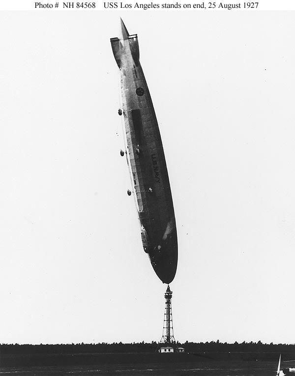 August 1927, the USS Los Angeles airship caught in high winds at Lakehurst Naval Air Station.jpg