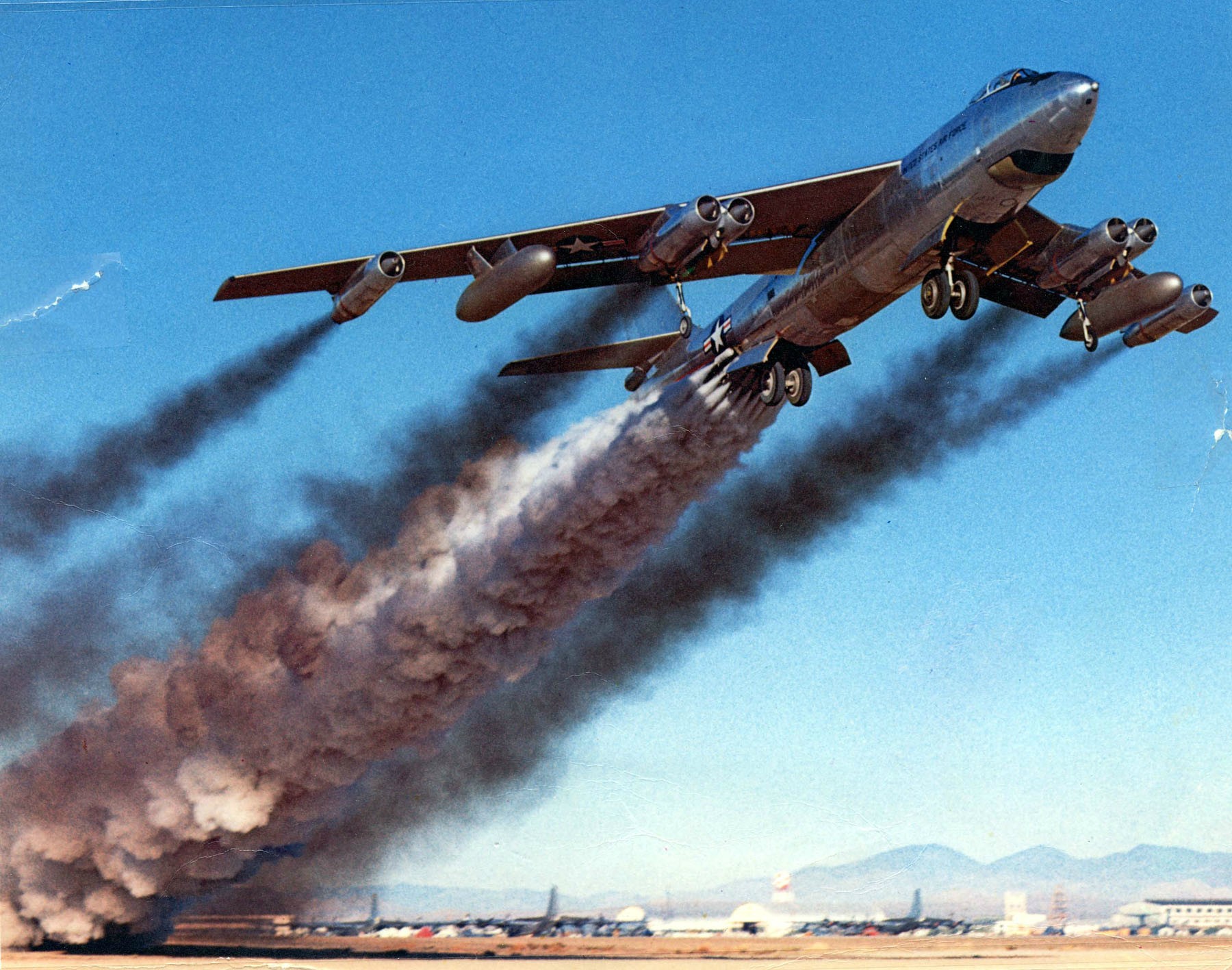 Boeing B-47 utilizing rocket assisted takeoff April 15, 1954.jpg