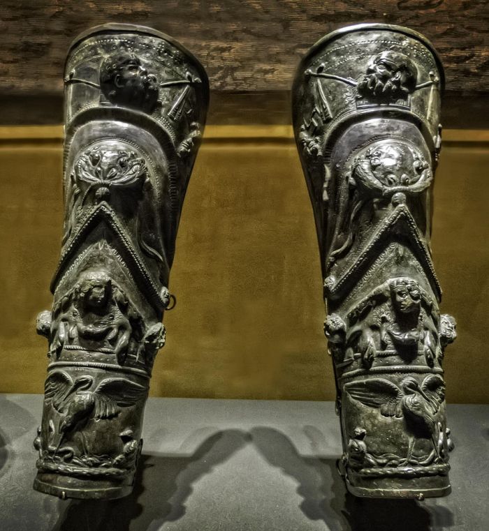 Pair of richly decorated Roman greaves. Worn probably by gladiators. Dated to the 1st century CE.jpg