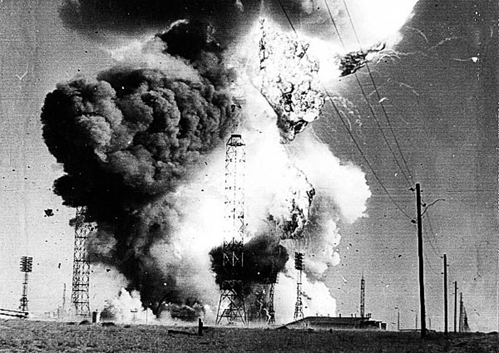 A Soviet R-16 rocket explodes at Baikonur test range, resulting in the deaths of an unknown number of ground personnel.  October 1960.jpg