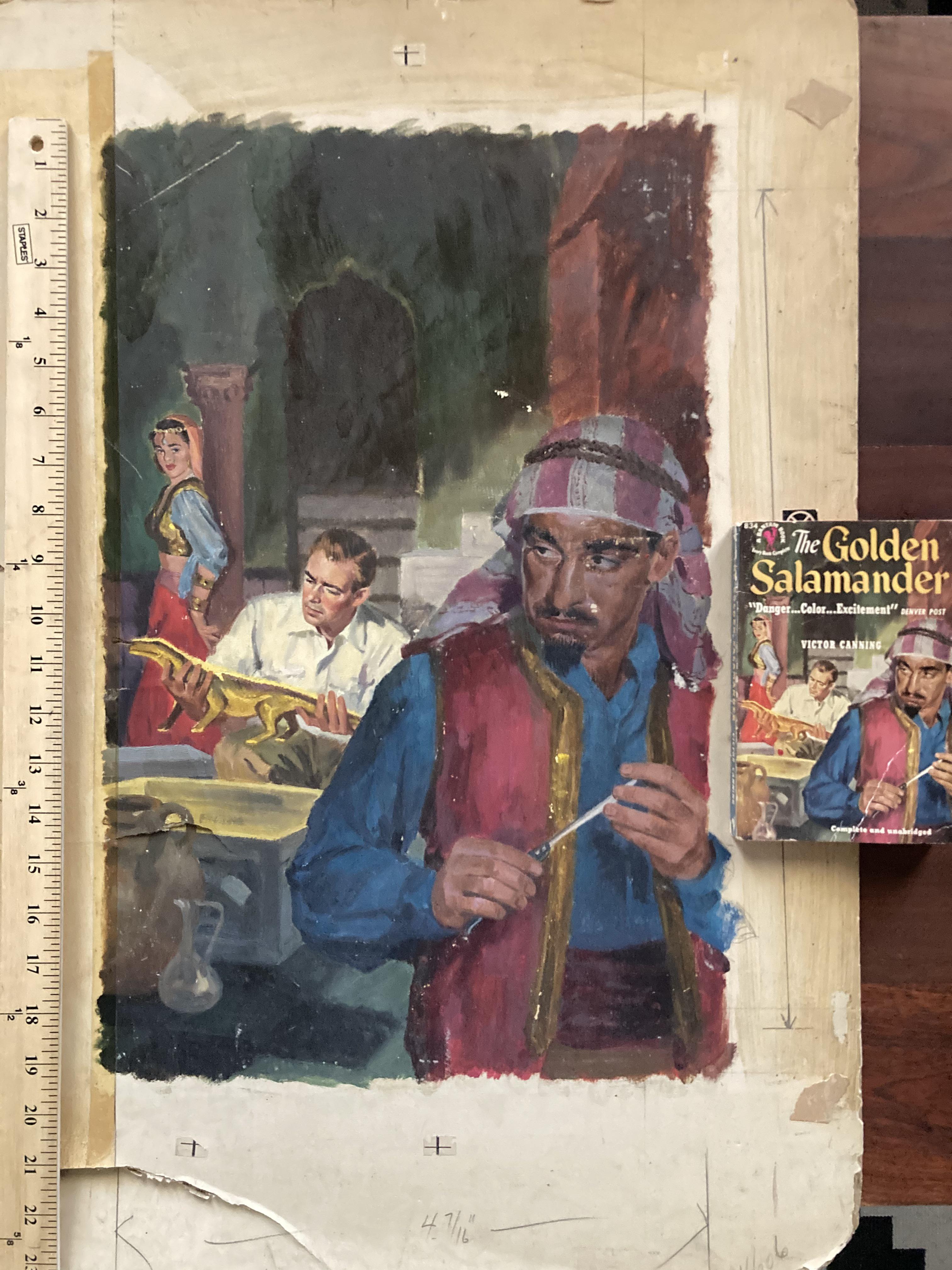 I found this painting at a local antique mall. After lots of detective work I discovered it was created for this book The Golden Salamander 1949-50 (book bought on eBay).jpg