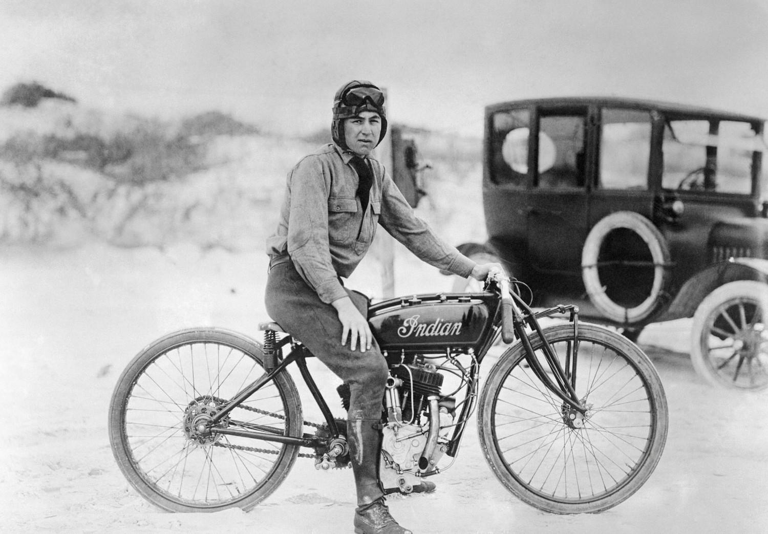Herbert McBride broke the world's motorcycle record for amateurs with a speed of 104.4 miles per hour. McBride, along with his teammate in April 1920.jpg