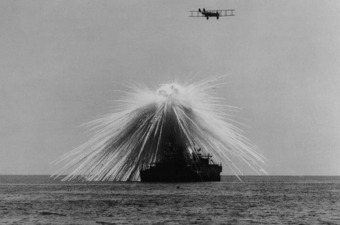 USS Alabama being bombed 100 years ago to determine if bombs dropped from planes could be used by the US Navy. The bombing was successful.jpg