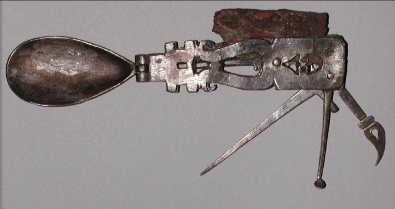 This 1,800 year old Roman multitool from around 200 AD, which featured a spike, spoon, blade, toothpick, spatula, and a fork. It is the earliest known example of a multitool.png
