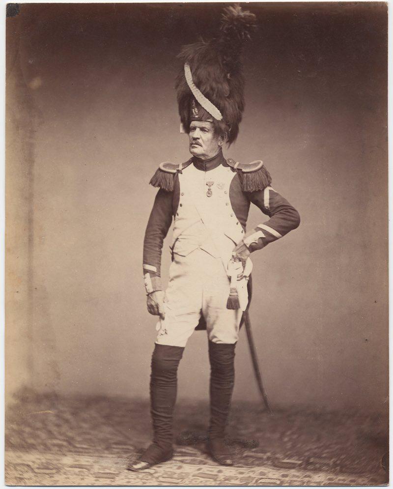 Photo of a French Napoleonic war veteran Sergeant Taria, Grenadiere de la Garde, 1809-1815 taken by an unknown photographer in 1858.jpg