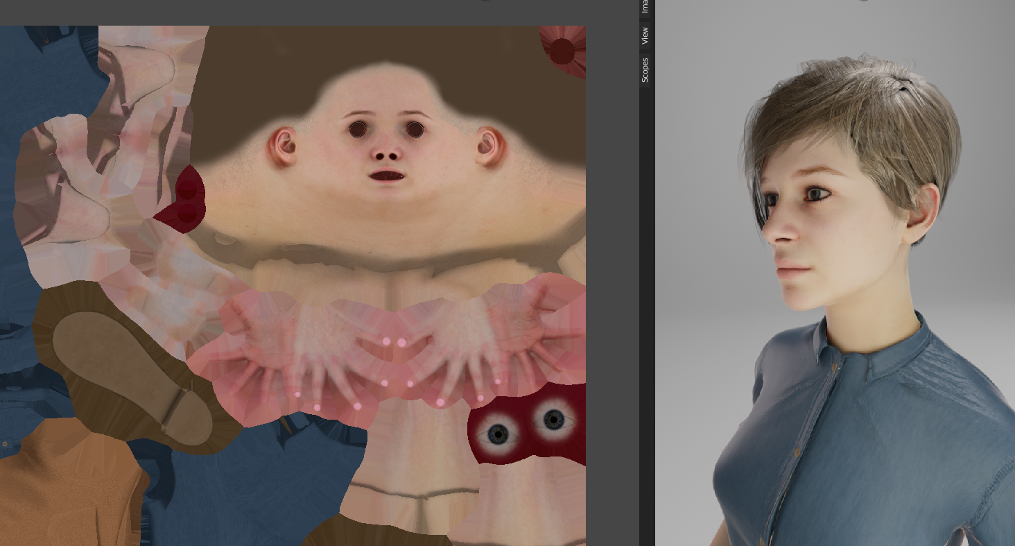 This is what the texture of a person looks like for a 3D model (texture on the left and render of the actual person on the right).png