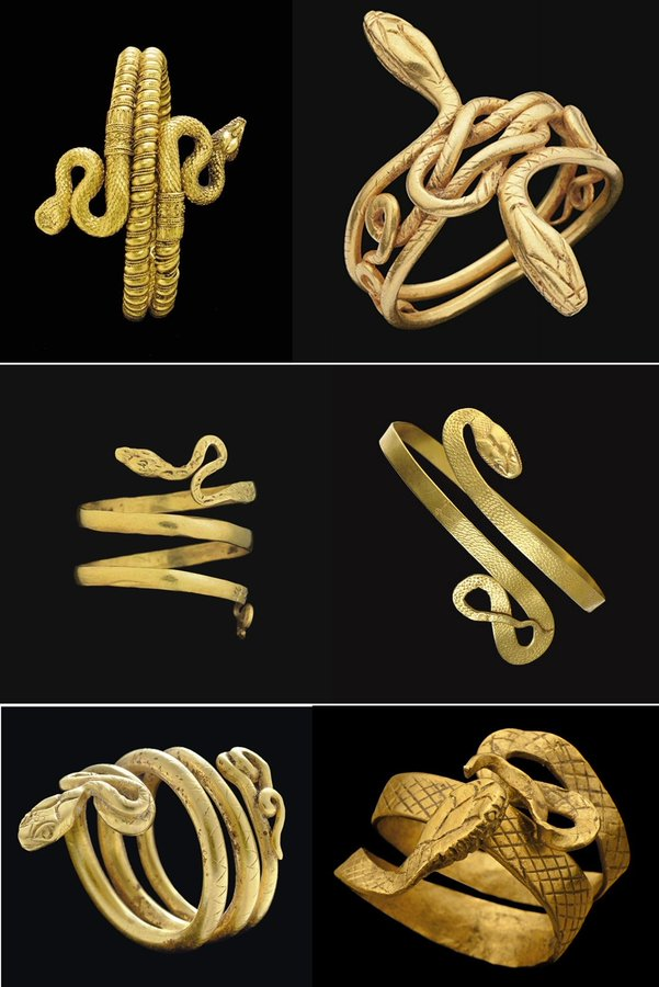 Gold snake rings, common in Rome. They were associated with the god Asclepius, thought to bring healing, protection, resurrection, and immortality. Circa 1st century BC to 1st century AD.png