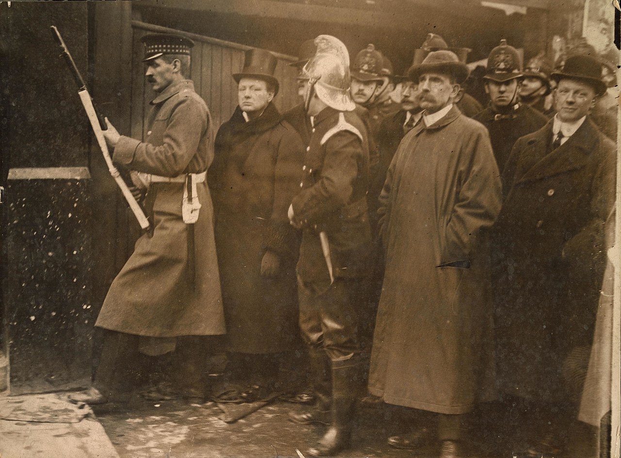 January 1911. Mr Winston Churchill on the scene of the battle in Sidney Street.jpg