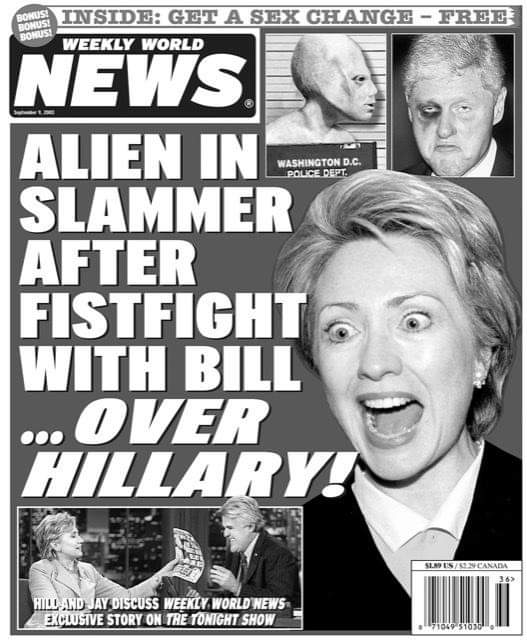 Bill Clinton fights an alien over Hilary. World Weekly News. 1990s.jpg