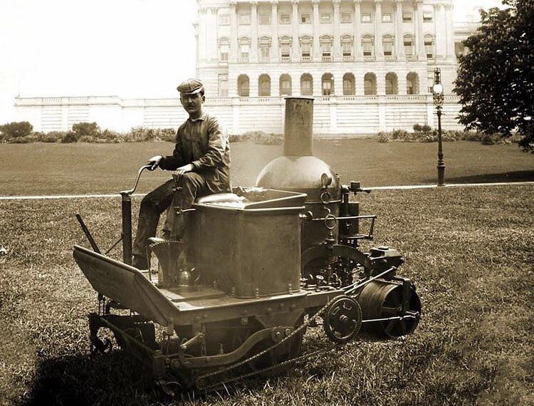 Steam powered lawnmower cutting the grass on the capital lawn, 1903.jpg