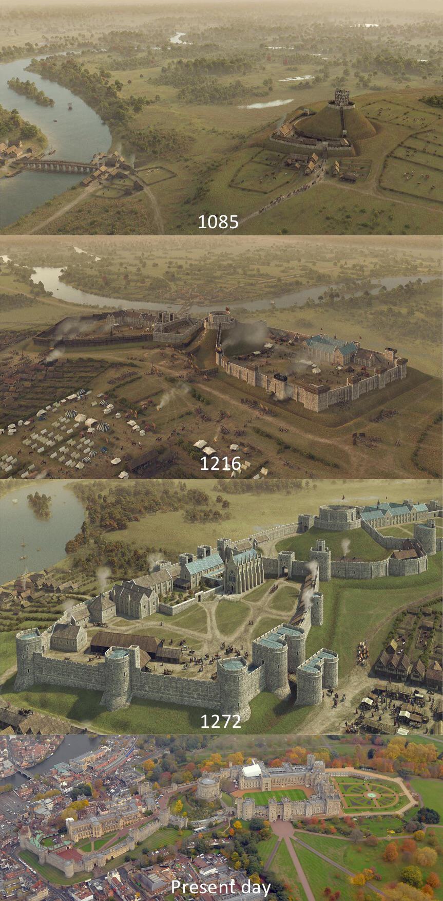 Reconstructions of Medieval Windsor Castle, U.K., in the years 1085, 1216 & 1272, alongside the present day castle.jpg