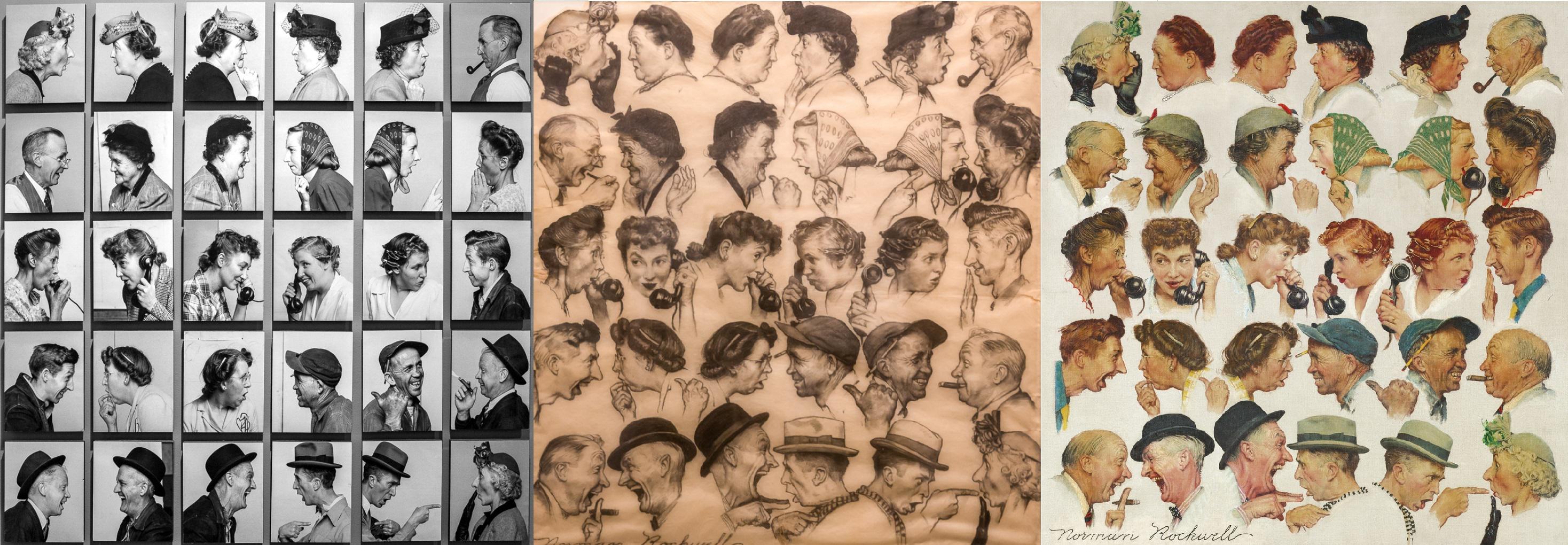 Photo studies, original sketch, and final painting of Norman Rockwell's 'The Gossips', 1948.jpg