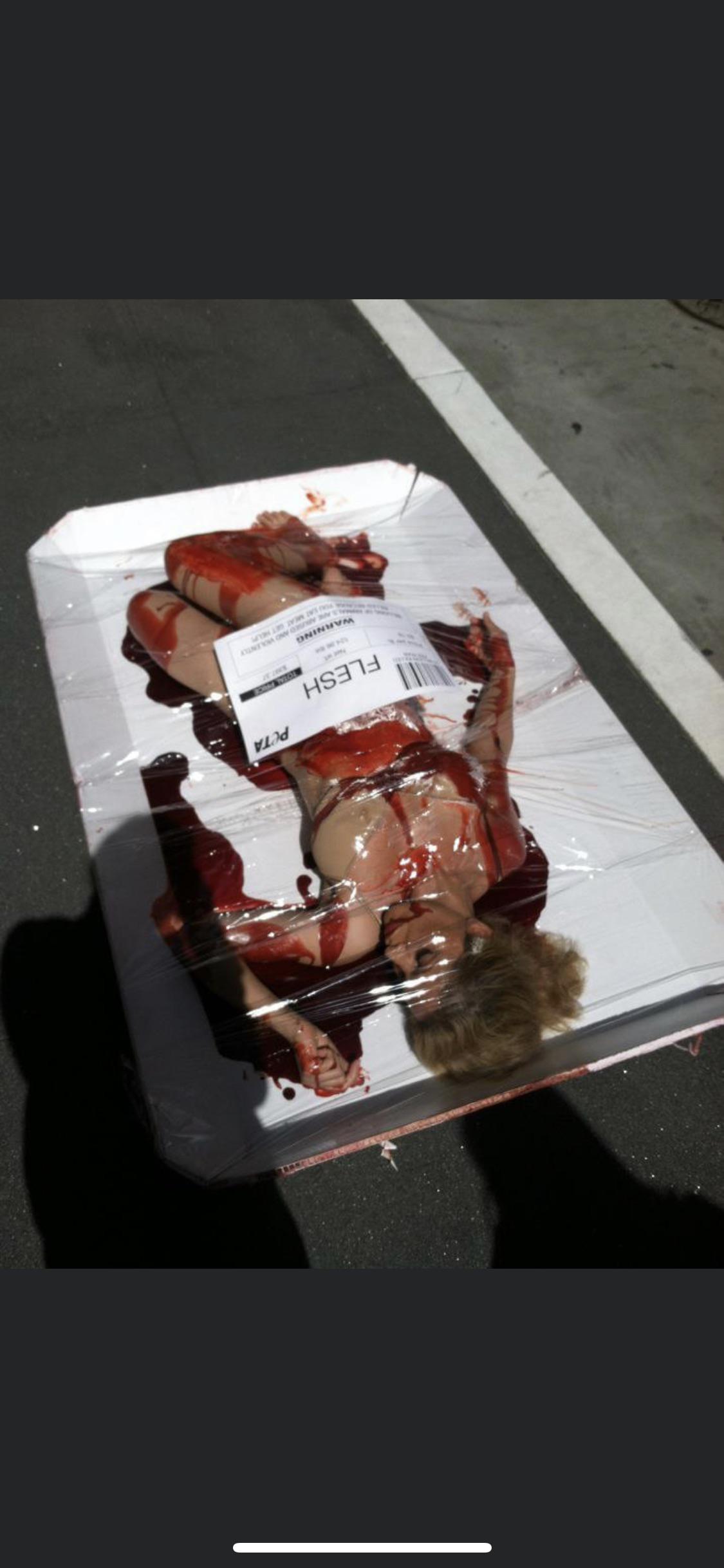 The ultimate Vegan protest - women packaged as meat on the sidewalk of the San Francisco Financial District outside of a steak house… to convince people to become Vegan.jpg