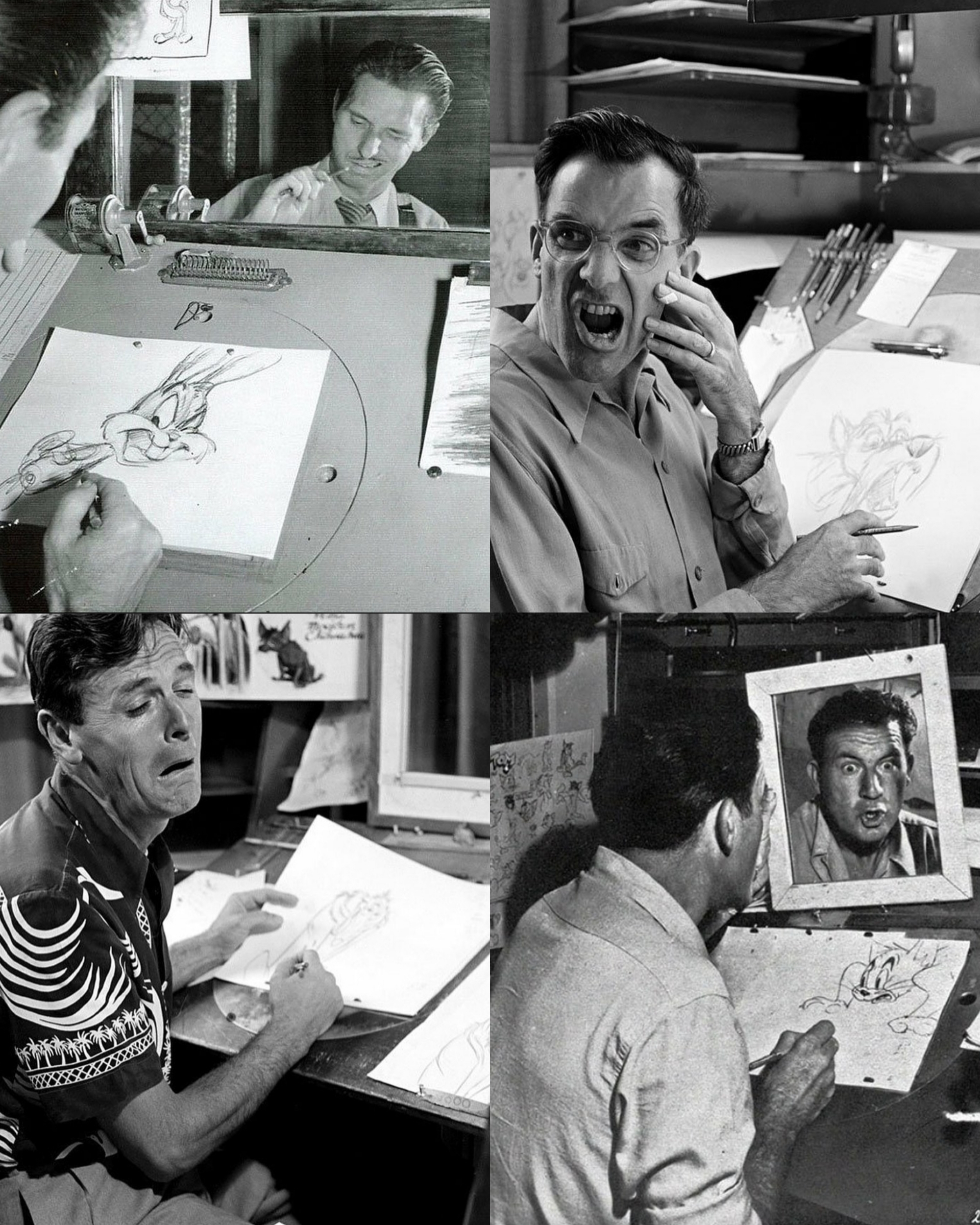 Animators studying their reflection in the mirror to create classic characters facial expressions. 1940s-1960s.jpg