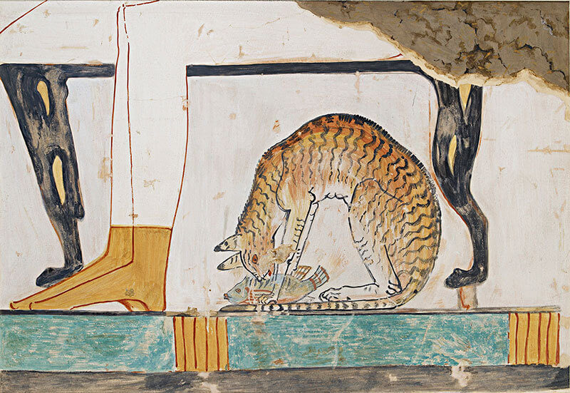 Cat under the chair with a tabby mackerel marking, common in the African wild cat. It was likely a pet. The painting is from the Tomb of Nakht circa. 1401-1391 BC (Egypt).jpg