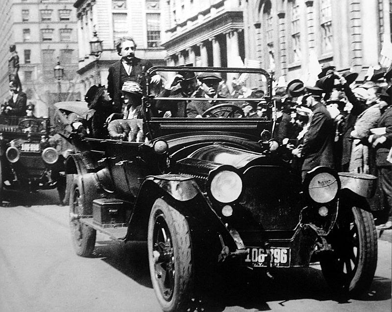 1921, a ticker tape parade for Albert Einstein in Manhattan, NYC, upon his arrival to America.jpg