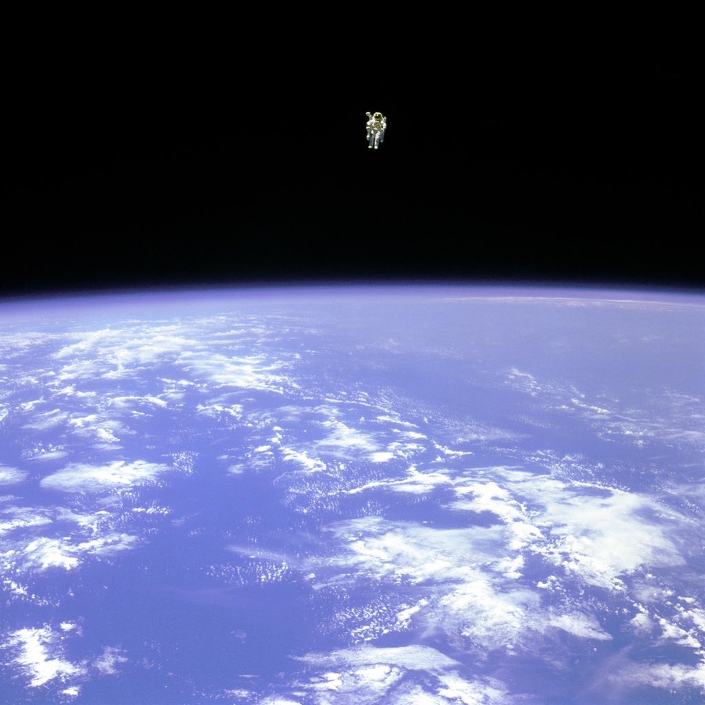 The first untethered space flight - Bruce McCandless as he floated untethered hundreds of feet from his space shuttle.jpg