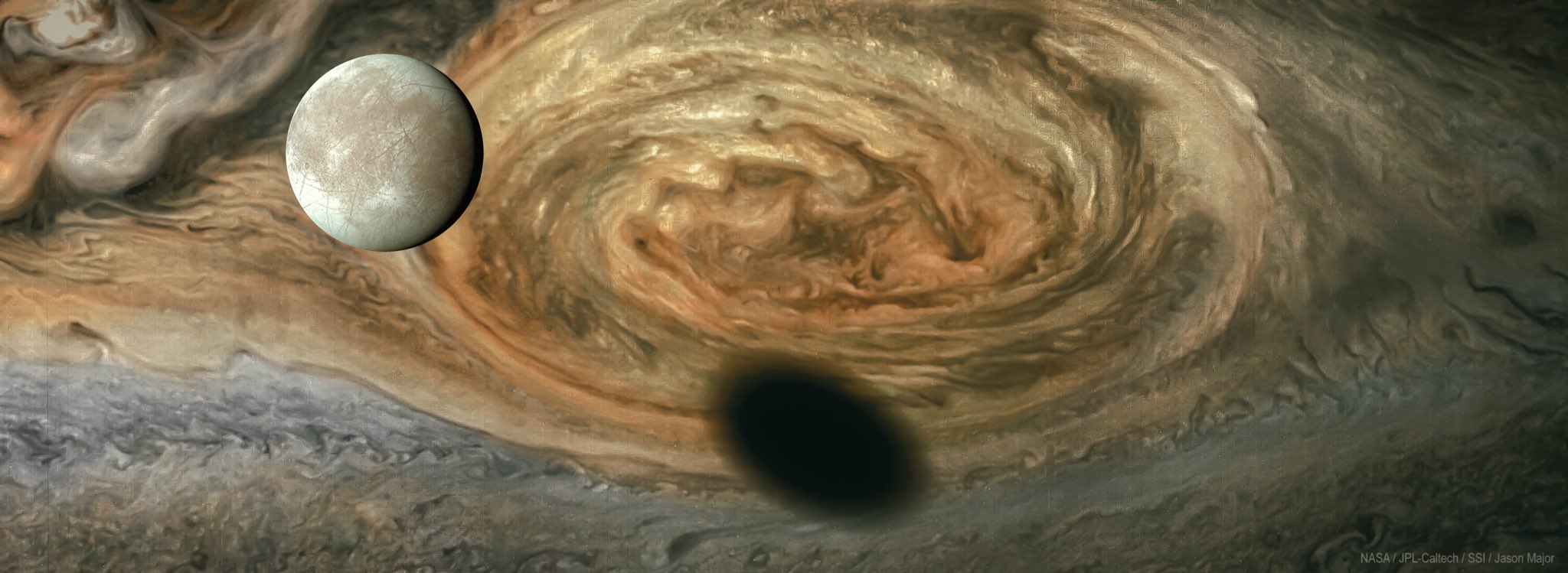 Europa casting its shadow onto Jupiter's Red spot. Captured by NASA's Galileo spacecraft on May 2000.jpg