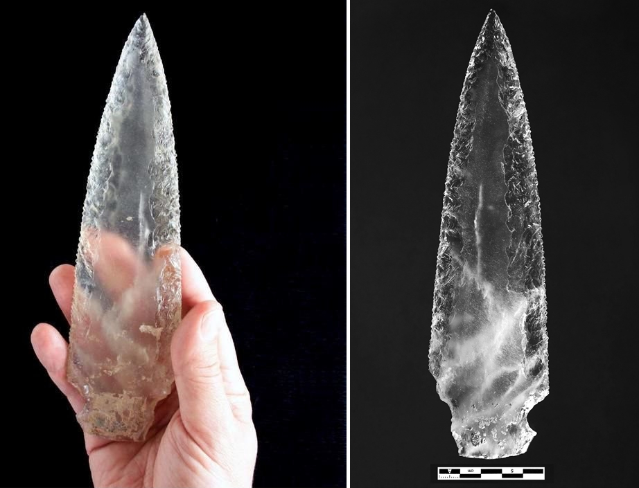 Crystal spearhead found in a 5,000-year-old megalithic tomb in Spain. The tomb had the remains of 25 individuals, several of whom had consumed a poisonous substance.png
