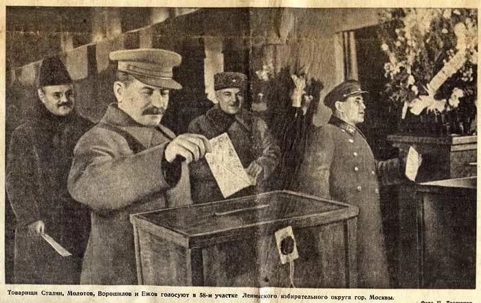 Stalin, Molotov, Voroshilov and Yezhov vote in the elections, 1937.jpg