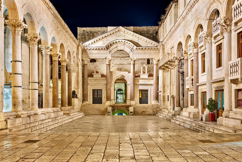 The Diocletian's Palace is an ancient palace built for the Roman emperor Diocletian at the turn of the fourth century CE, which today forms about half the old town of Split, Croatia.jpg