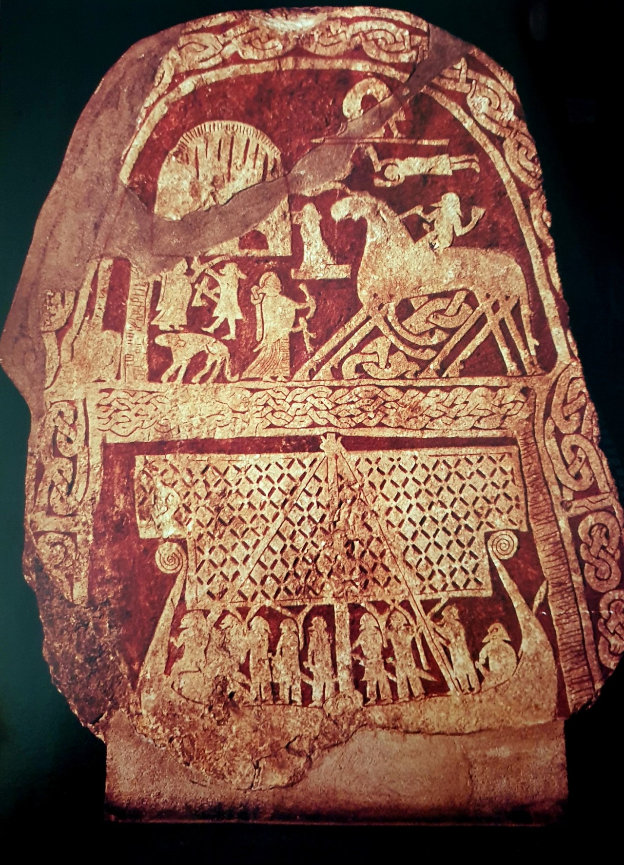 An 8th century Viking Runestone, depicting Odin's eight-legged horse, Sleipnir, and a long-ship underway. Discovered in Tjangivde, Alskog, Gotland, Sweden.jpg